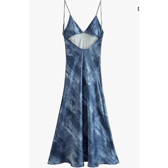Zara Denim Print Bias Cut Spaghetti Strap Slip Dress M - Picture 2 of 8